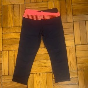 Lululemon Cropped Leggings Navy Blue Orange Waistband Yoga Running Size 4